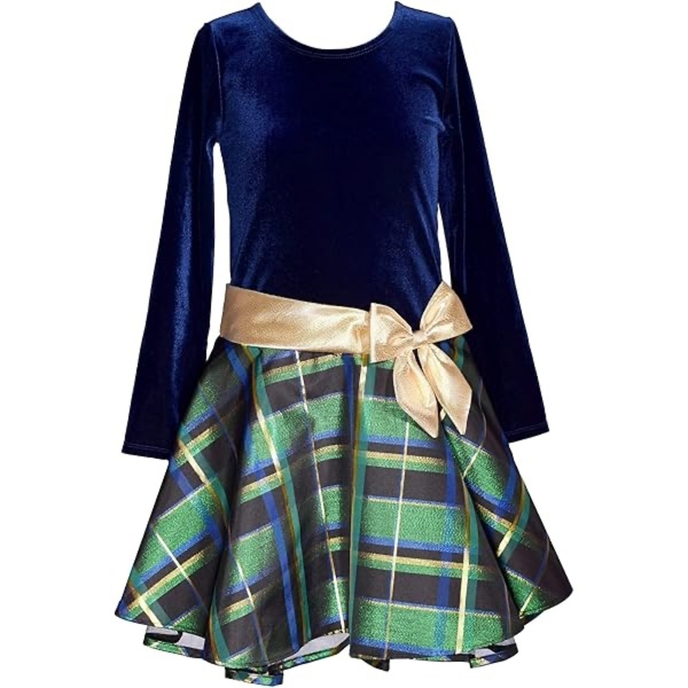 Bonnie Jean Blue Velvet Dress with Plaid Skirt and Gold Bow